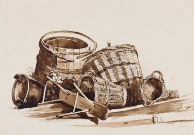 Kurve, tønder og bænk, kopieret fra et værk af Achille Vianelli (1803-1894) (blyant og sepia-vaske på papir) af Giacinto Gigante